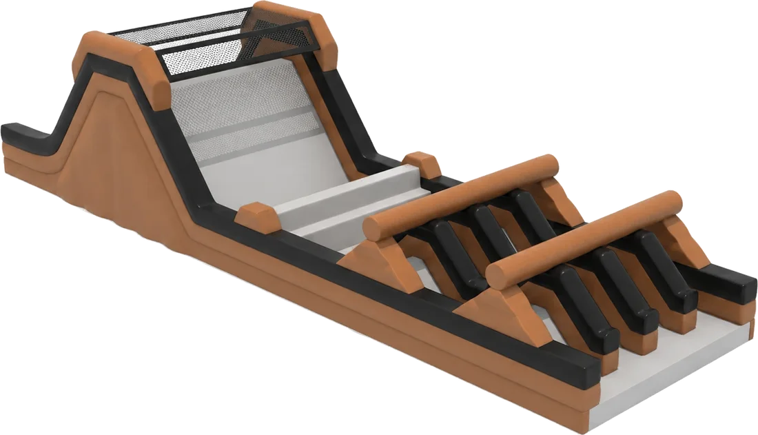 Inflatable obstacle with a steep slide and rolling log barriers.