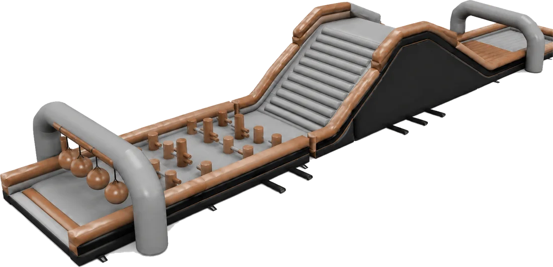 Inflatable obstacle with swinging balls, a pillar maze and a ladder climb.