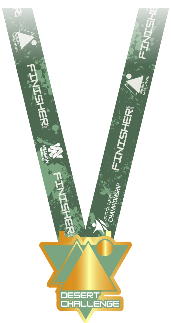 The Year 5 finisher medal: a gold Desert Challenge mountain and sun on sage enamel, hanging on a green splatter V lanyard printed Finisher 2027.